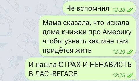 Че вспомнил Мама сказала, что искала дома книжки про Америку чтобы узнать как мне там придётся жить 12:29 И нашла СТРАХ И НЕНАВИСТЬ В ЛАС-ВЕГАСЕ