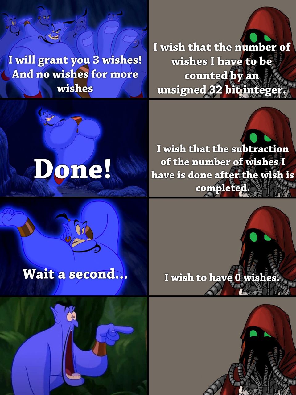 I wish that the number of I will grant you 3 wishes! wishes I have to be And no wishes for more counted an wishes unsigned 32 I wish that the subtraction of the number of wishes I Done! have is done a
