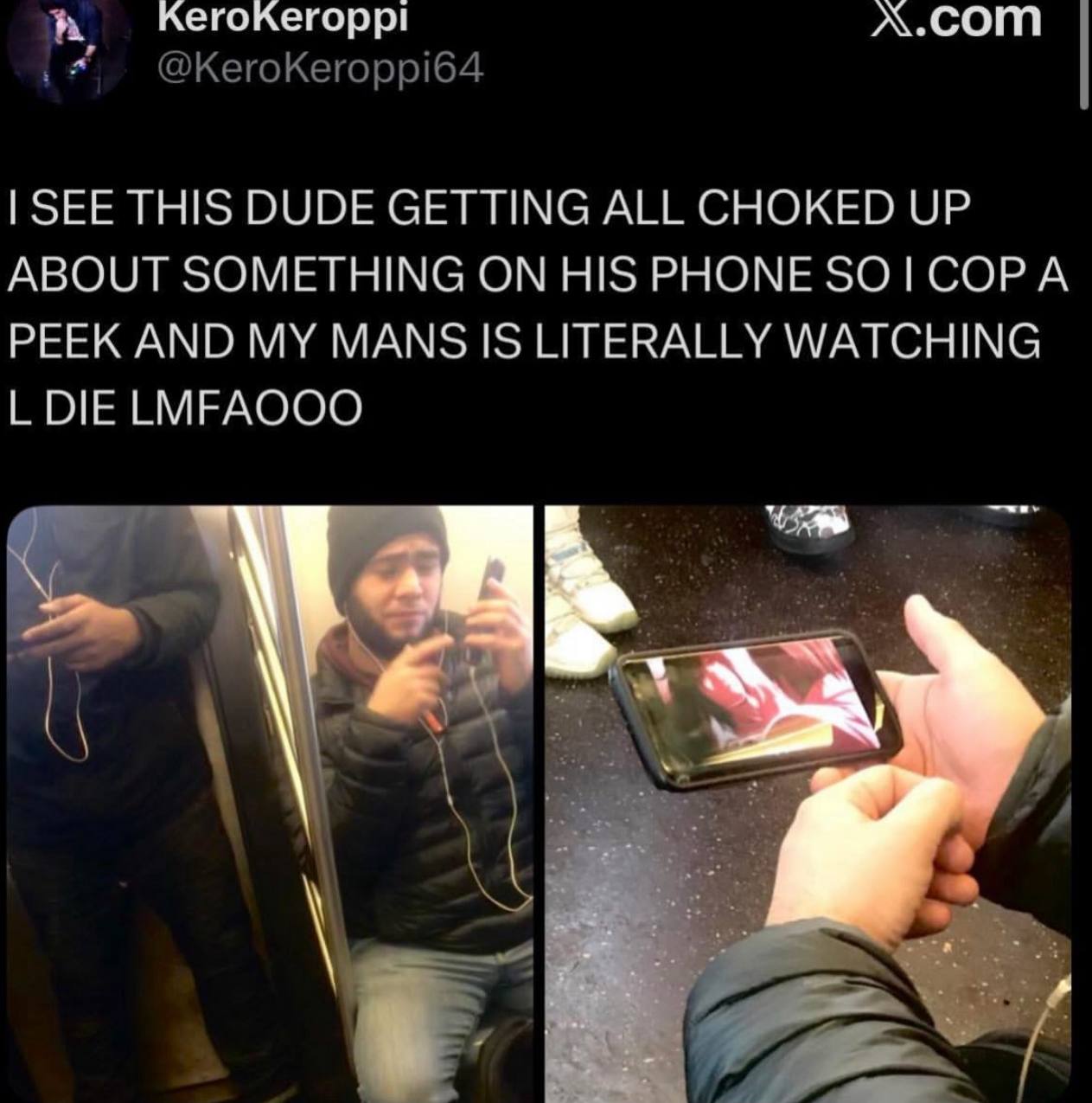 х.сот THIS DUDE GETTING ALL CHOKED UP ABOUT SOMETHING ON HIS PHONE PEEK AND MY LITERALLY WATCHING DIE ЕМЕАООО