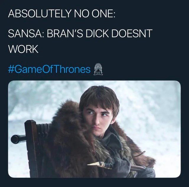 ABSOLUTELY NO ONE: SANSA: ВВАМ' DICK DOESNT WORK