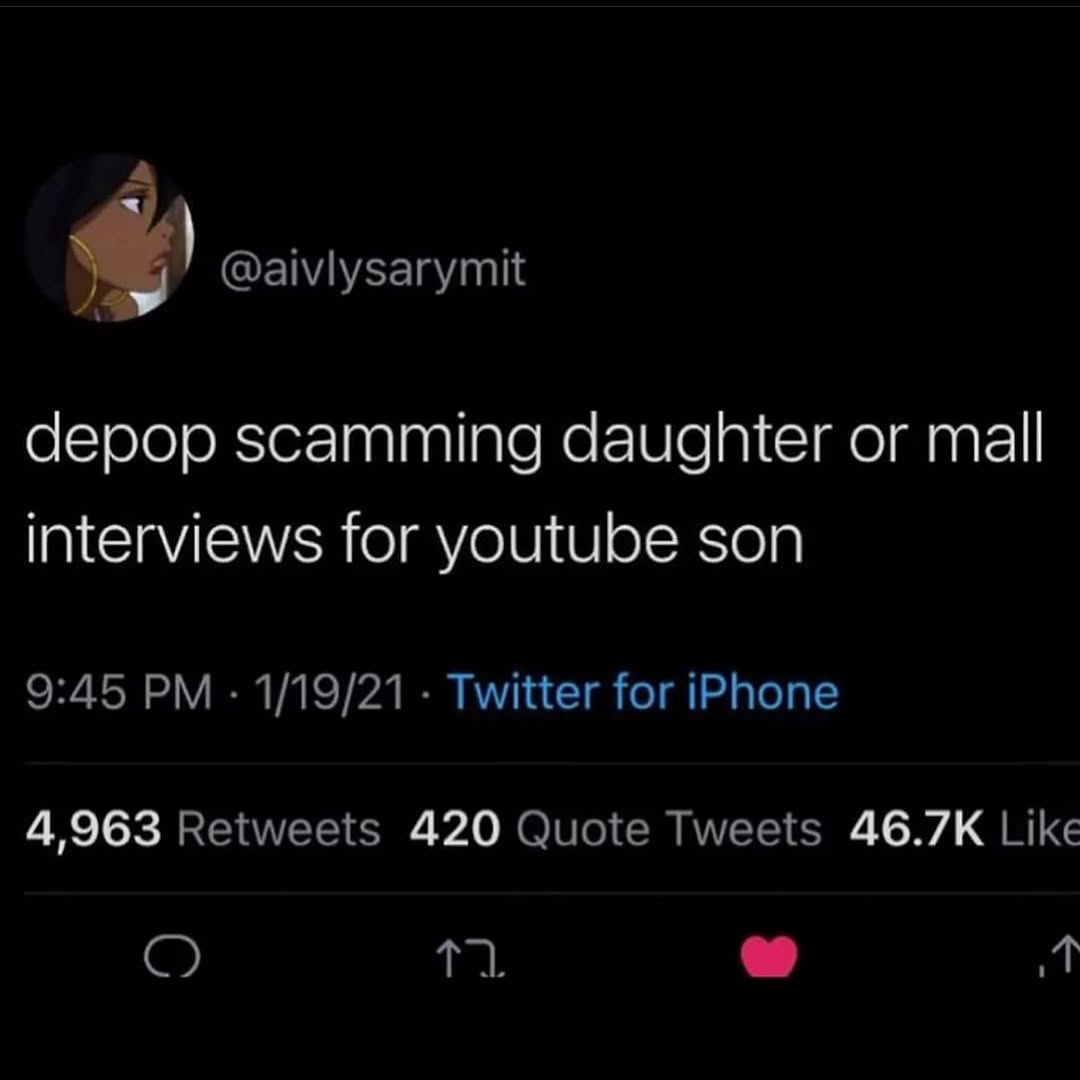 аерор scamming daughter or interviews for youtube son 9:45 1/19/21 Twitter for iPhone 4,963 Retweets 420 Quote Tweets Like Я