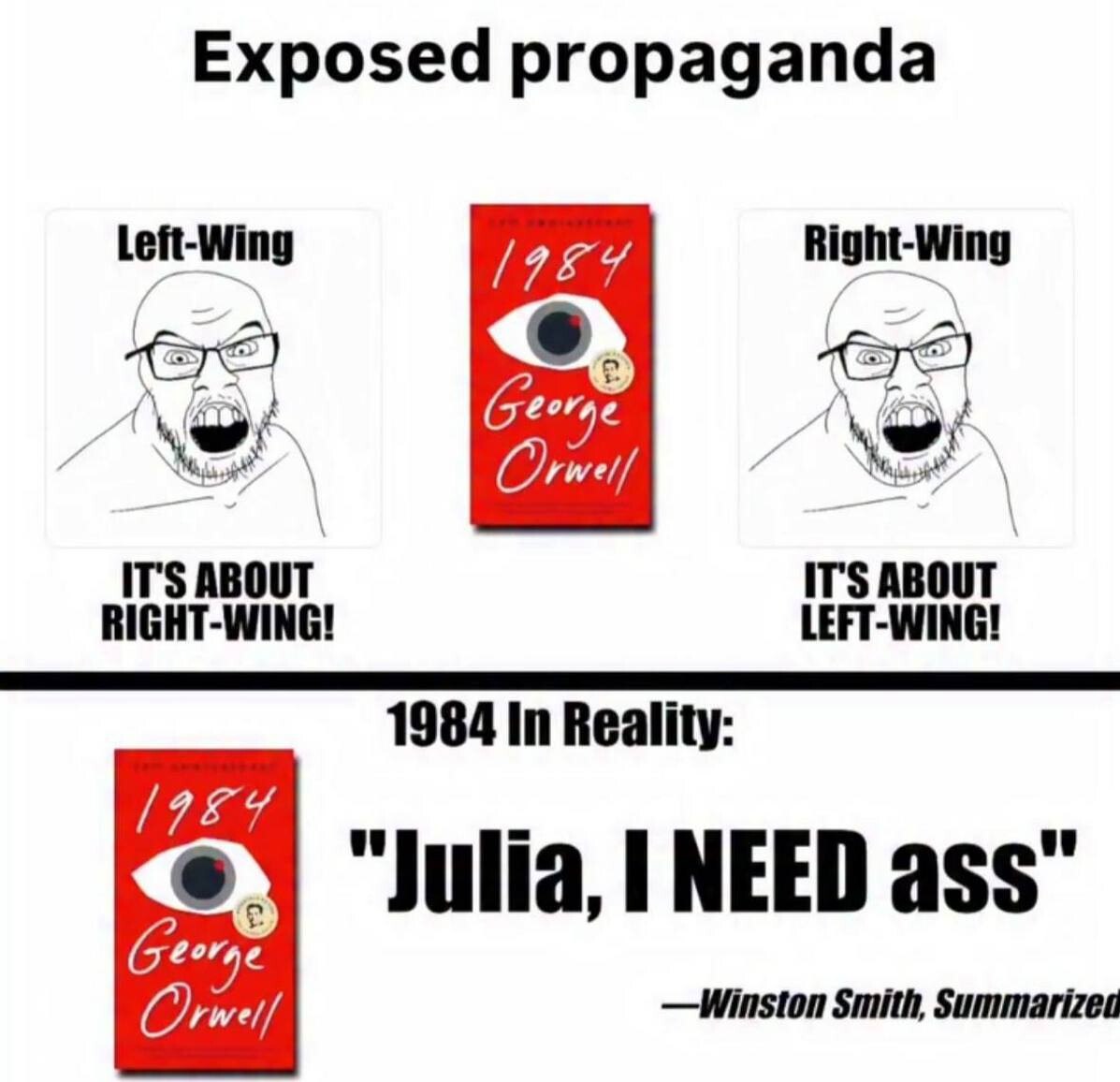 Exposed propaganda Left-Wing [987 Right-Wing Geen Orwelf IT'S ABOUT RIGHT-WING! LEFT-WING! 1984 In Reality: “Julia, ass" Geer —Winston Smith, Orwelf