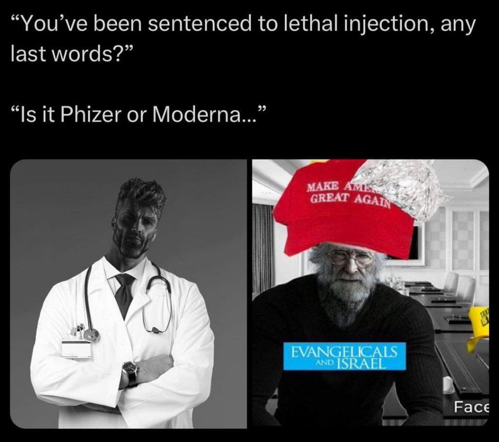 “You’ve been sentenced to lethal injection, any last words?” “Is it Phizer or Moderna...” MAKE СКЕАТ rat Расе