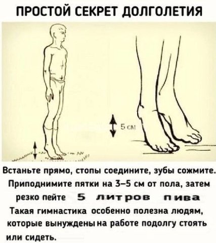 ПРОСТОЙ СЕКРЕТ ДОЛГОЛЕТИЯ Бом Встаньте прямо, стопы соедините, зубы сожмите. Приподнимите пятки на 3-5 от пола, затем резко пейте 5 лытрое пива Такая гимнастика особенно полезна людям, которые вынужде