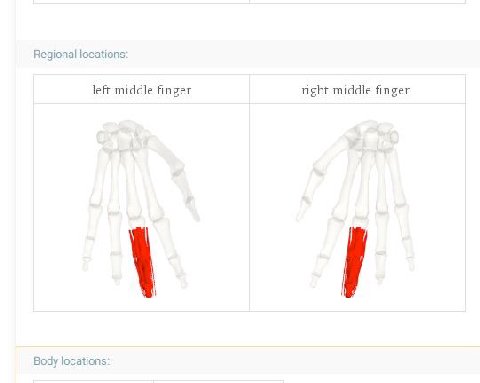 Regional locations: left middle finger right middle finger Body locations