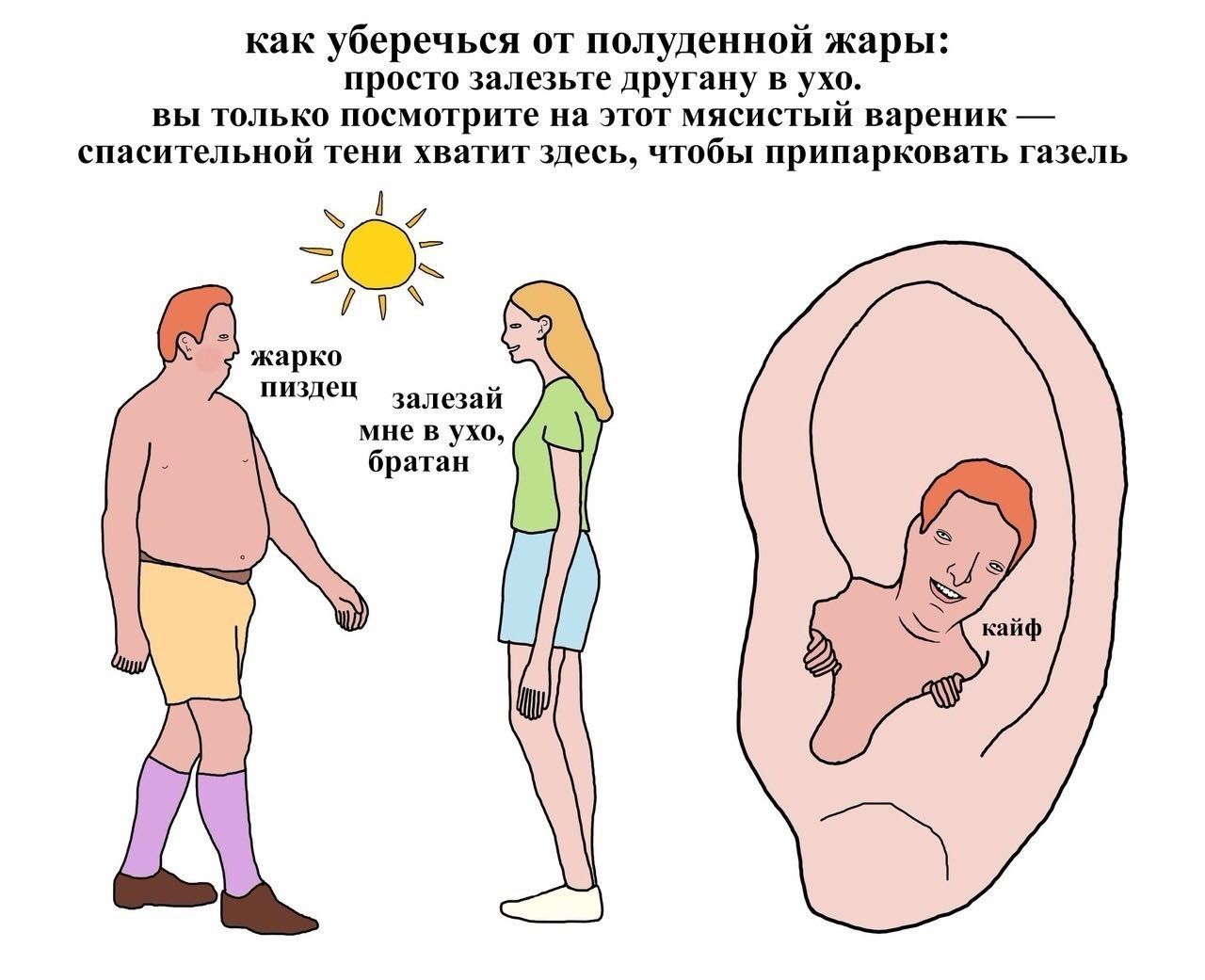 как уберечься от полуденной жары: просто залезьте другану в ухо. вы только посмотрите на этот мясистый вареник спасительной тени хватит здесь, чтобы припарковать газель жарко пиздец залезай мне в ухо,