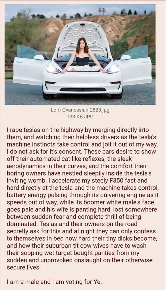 Lori+Ovanessian-2823 jpg 133 JPG rape teslas on the highway merging directly into them, and watching their helpless drivers as the tesla's machine instincts take control and jolt it out of my way. not