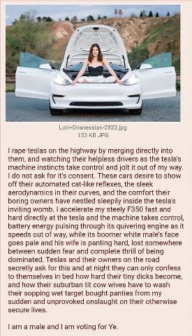 Lori+Ovanessian-2823 jpg 133 JPG rape teslas on the highway merging directly into them, and watching their helpless drivers as the tesla's machine instincts take control and jolt it out of my way. not