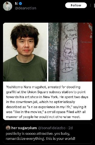 @dearvotion Coo к a Yoshitomo Nara mugshot, arrested for doodling graffiti at the Union Square subway station to point towards his art show in New York. He spent two days in the downtown jail, which h