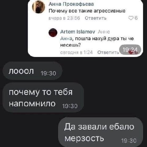 Анна Прокофьева Почему все такие агрессивные Artem Islamov Анна, пошла нахуй дура ты че несешь? ДНЯ Ответить NOOON 49:29 почему то тебя напомнило 49:29 Да завали ебало мерзость 19:30