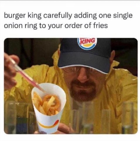 burger king carefully adding one single onion ring to your order of fries ING