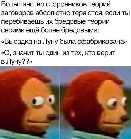 Большинство сторонников теорий заговоров абсолютно теряются, если ты перебиваешь бредовые теории своими ещё более бредовыми: «Высадка на Луну была сфабрикована» «О, значит ты один из тех, кто верит в