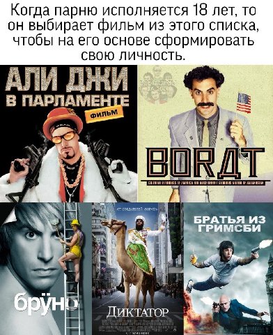 Когда парню исполняется 18 лет, то он выбирает фильм из этого списка, чтобы на его основе сформировать СВОЮ ЛИЧНОСТЬ. АЛИ ДНИ ПАРЛАМЕНТЕ ФИЛЬМ Я ОТ СОЗДАТЕЛЕЙ ИЗ 8 к ДИКТАТОР