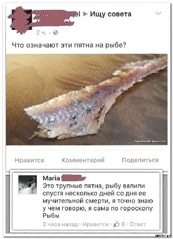Ищу совета Что означают эти пятна на рыбе? 7% Поделиться Нравится Комментарий Maria Это трупные пятна, рыбу вялили спустя несколько дней дня ее мучительной смерти, я точно знаю у чем говорю, я сама по