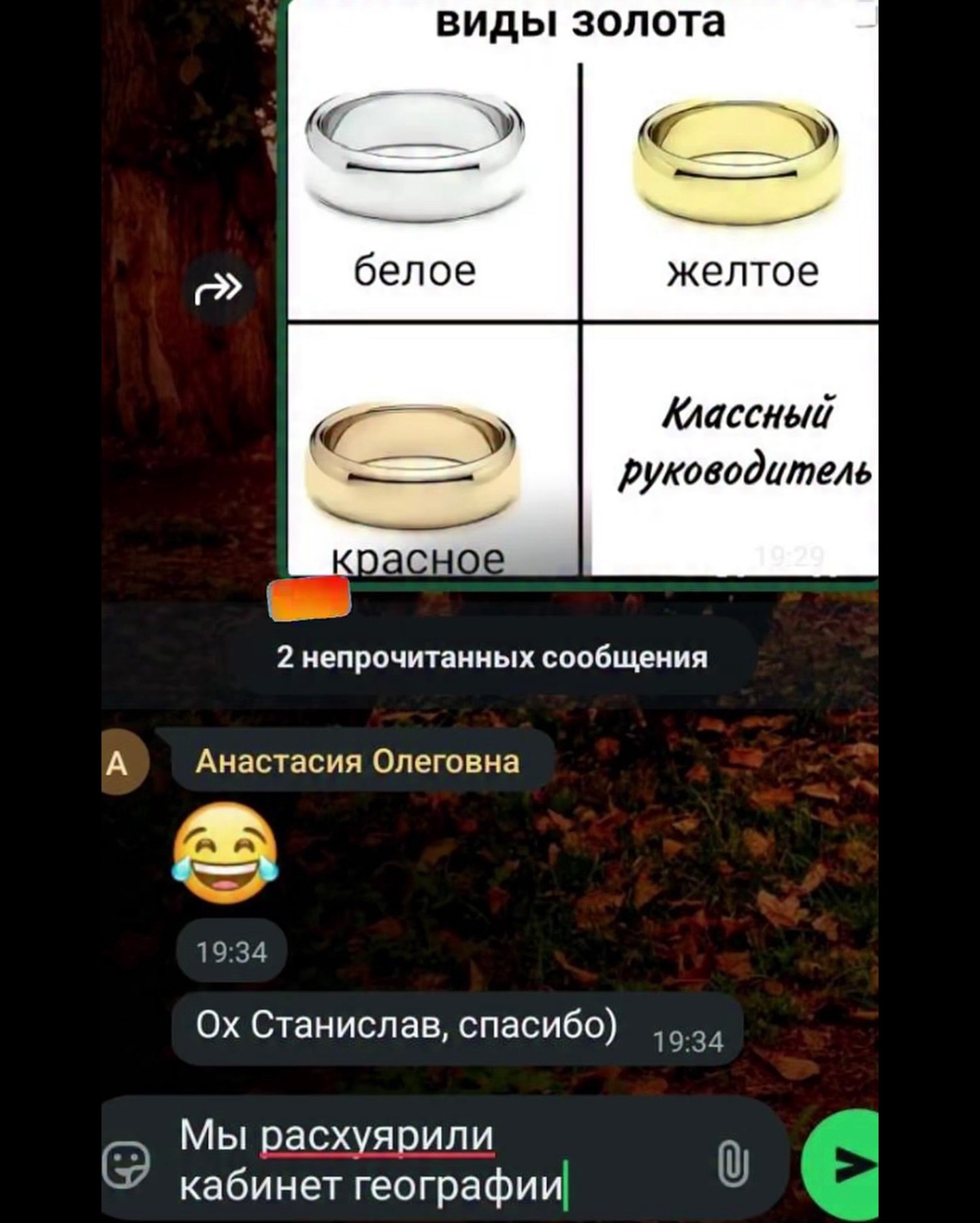 виды золота белое желтое Классный руководитель a НОЕ 2 непрочитанных сообщения А Анастасия Олеговна 19:34 Станислав, спасибо) 19:34 Мы расхуярили кабинет географии