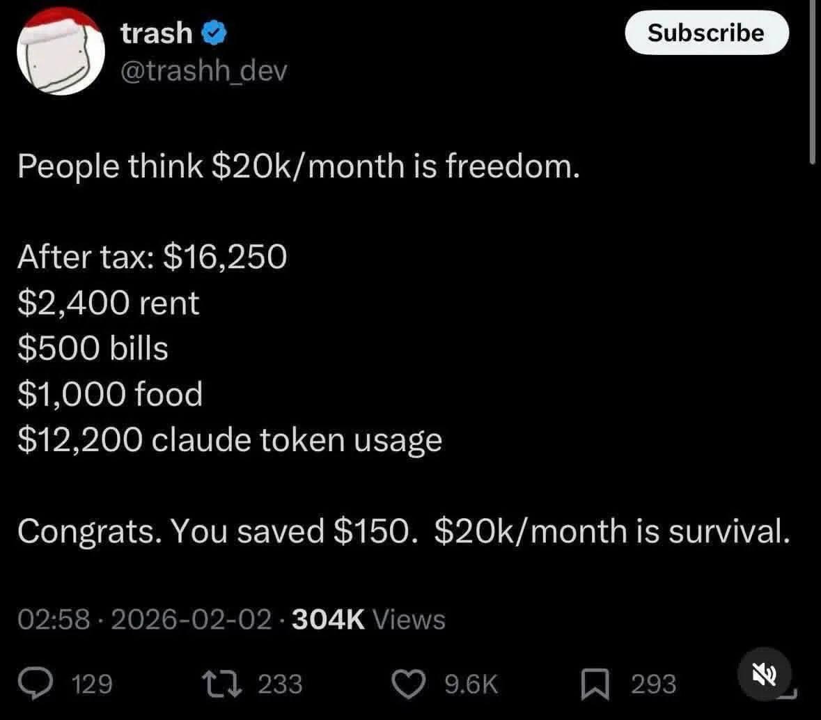 trash @trashh_ dev People think $20k/month is freedom. After tax: $16,250 $2,400 rent $500 bills $1,000 food $12,200 claude token usage Congrats. You saved $150. $20k/month is survival 02:58 2026-02-0