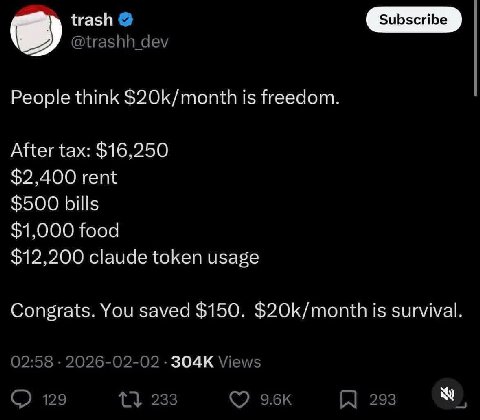 trash @trashh_ dev People think $20k/month is freedom. After tax: $16,250 $2,400 rent $500 bills $1,000 food $12,200 claude token usage Congrats. You saved $150. $20k/month is survival 02:58 2026-02-0