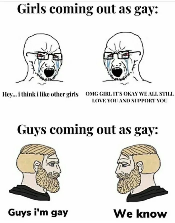 Girls coming out as gay: Hey... i think i like other girls ОМС GIRL IT’S OKAY WE ALL STILL LOVE YOU AND SUPPORT YOU Guys coming out as gay: Guys gay We know