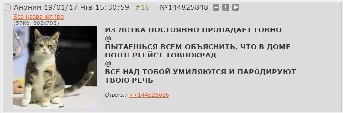 Аноним 19/01/17 Чтв 15:30:59 #16 №144825848 BBO ИЗ ЛОТКА ПОСТОЯННО ПРОПАДАЕТ ГОВНО #4 a ПЫТАЕШЬСЯ ВСЕМ ОБЪЯСНИТЬ, ЧТО В ДОМЕ ПОЛТЕРГЕИСТ-ГОВНОКРАД ВСЕ НАД ТОБОЙ УМИЛЯЮТСЯ И ПАРОДИРУЮТ А ТВОЮ РЕЧЬ Отве