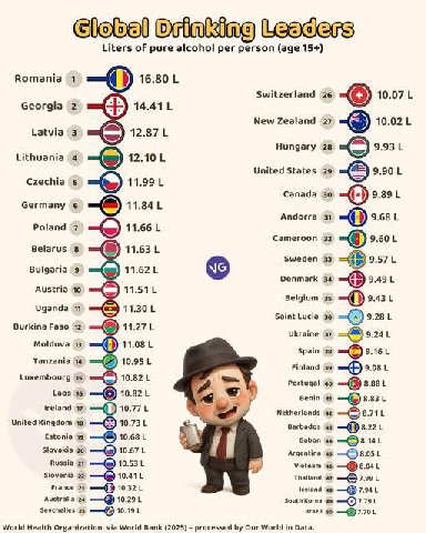 о о Leaders Liters of pure alcohol рег person (age 15+) Romania 1 16.80 Switzerland 26 10.07 Georgia 2 New Zealand 27 10.02 Latvia 3 12.87 Hungary 28 9.93 1 Lithuania 12.10 United States 29 Czechia 5 