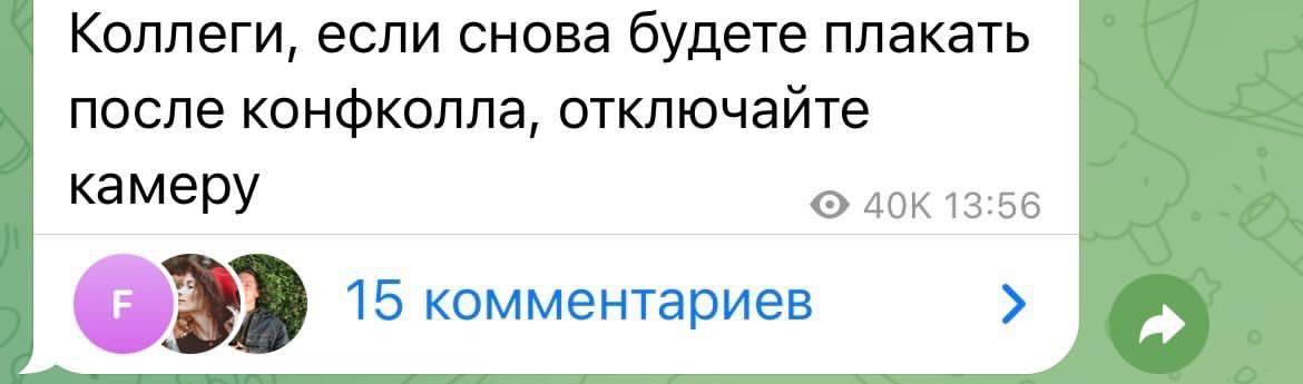 Коллеги, если снова будете плакать после конфколла, отключайте камеру 13:56 15 комментариев