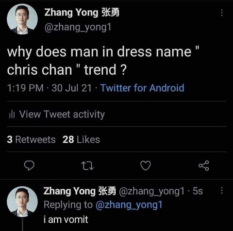 Zhang Yong @zhang_yong1 why does man in dress name chris chan trend 1:19 30 Jul 21 Twitter for Android ill View Tweet activity 3 Retweets 28 Likes Zhang Yong Ж88 Replying to @zhang_yong1 Гат vomit