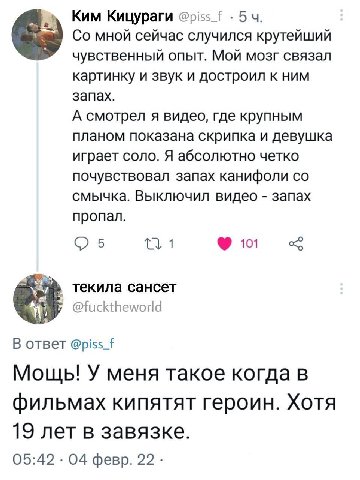 Ким Кицураги @piss_f мной сейчас случился крутейший чувственный опыт. Мой мозг связал картинку и звук и достроил к ним запах. А смотрел я видео, где крупным планом показана скрипка и девушка играет со