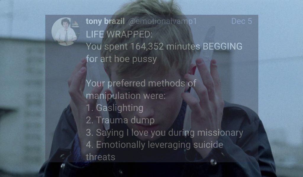 razil spent 164,352 minutes "or art hoe pussy Я Your preferred methods A Manipulation were: 1. Gaslighting a 2. Trauma dump 3. Saying love you missionary Я. Emotionally leveraging threats