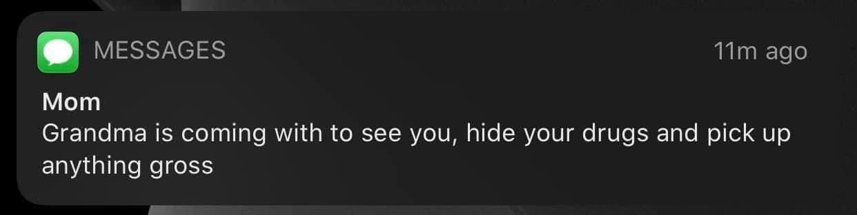 Мот Grandma Is coming with to see you, hide your drugs and pick up anything gross
