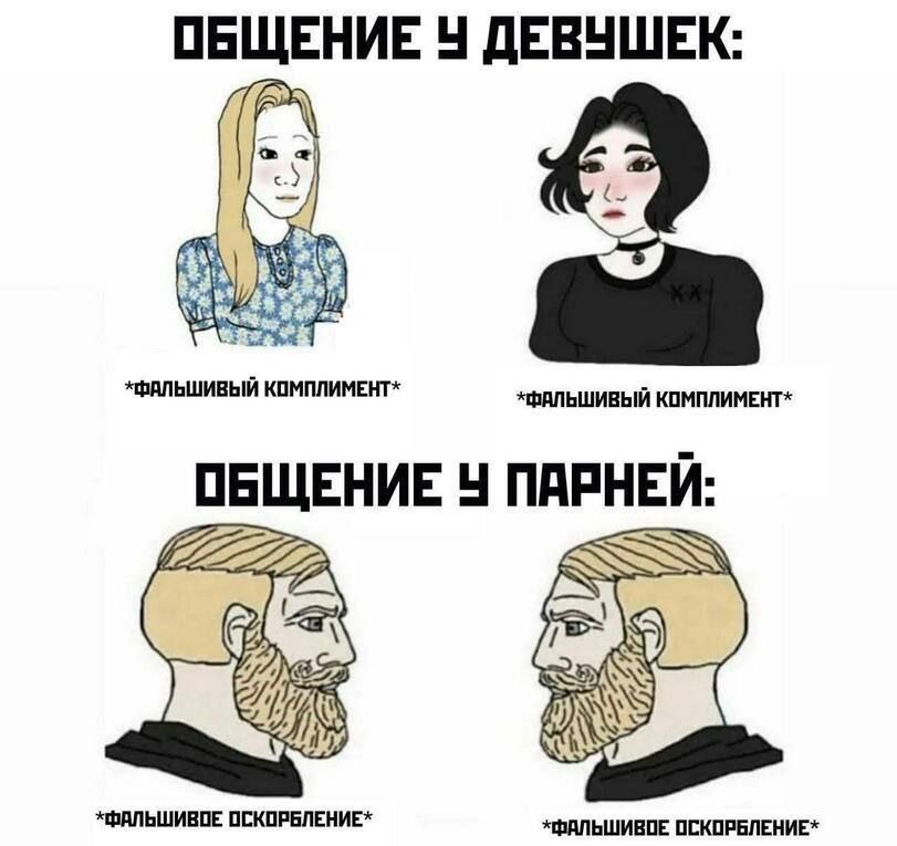 ОБЩЕНИЕ 4 ДЕВУШЕК: *ФАЛЬШИВЫЙ КОМПЛИМЕНТ* КОМПЛИМЕНТ* ОБЩЕНИЕ 4 ПАРНЕИ: gis, i *ФАЛЬШИВОЕ ОСКОРБЛЕНИЕ* ОСКОРБЛЕНИЕ*