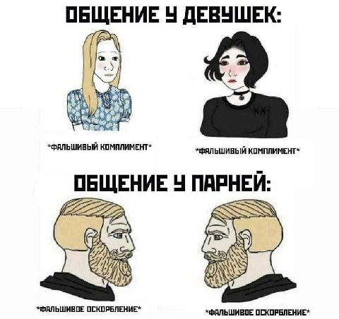 ОБЩЕНИЕ 4 ДЕВУШЕК: *ФАЛЬШИВЫЙ КОМПЛИМЕНТ* КОМПЛИМЕНТ* ОБЩЕНИЕ 4 ПАРНЕИ: gis, i *ФАЛЬШИВОЕ ОСКОРБЛЕНИЕ* ОСКОРБЛЕНИЕ*