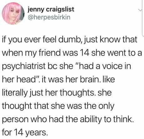 jenny craigslist @herpesbirkin if you ever feel dumb, just know that when my friend was 14 she went to a psychiatrist she “had a voice in her head” it was her brain. like literally just her thoughts. 