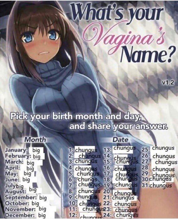 4 С Name: your birth monthyand day; and We Month Date big Chungus February: big 2: chun 26: chungus March: big |3: Chung 27: chungus chung chungus спипа big August: 203 September: big 21:chungus Octob