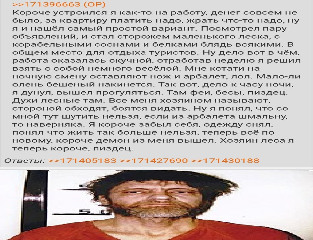 Короче устроился я как-то на работу, денег совсем не было, за квартиру платить надо, жрать что-то надо, ну я и нашел самый простой вариант. Посмотрел пару объявлений, и стал сторожем маленького леска,