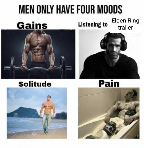 MEN ONLY HAVE FOUR MOODS Elden Ring Gains Listening to trailer i) Solitude Pain 2%