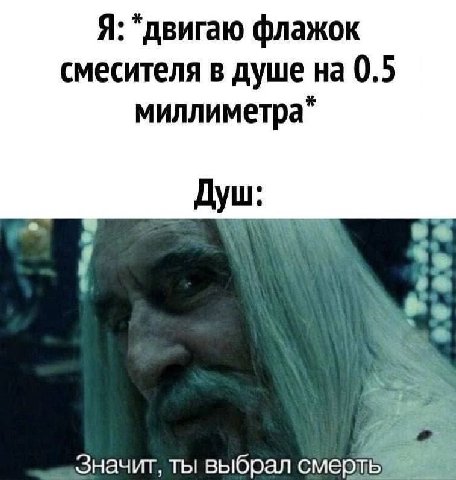 Я: *двигаю флажок смесителя в душе на 0.5 миллиметра" Душ: Значит, ты выбрал