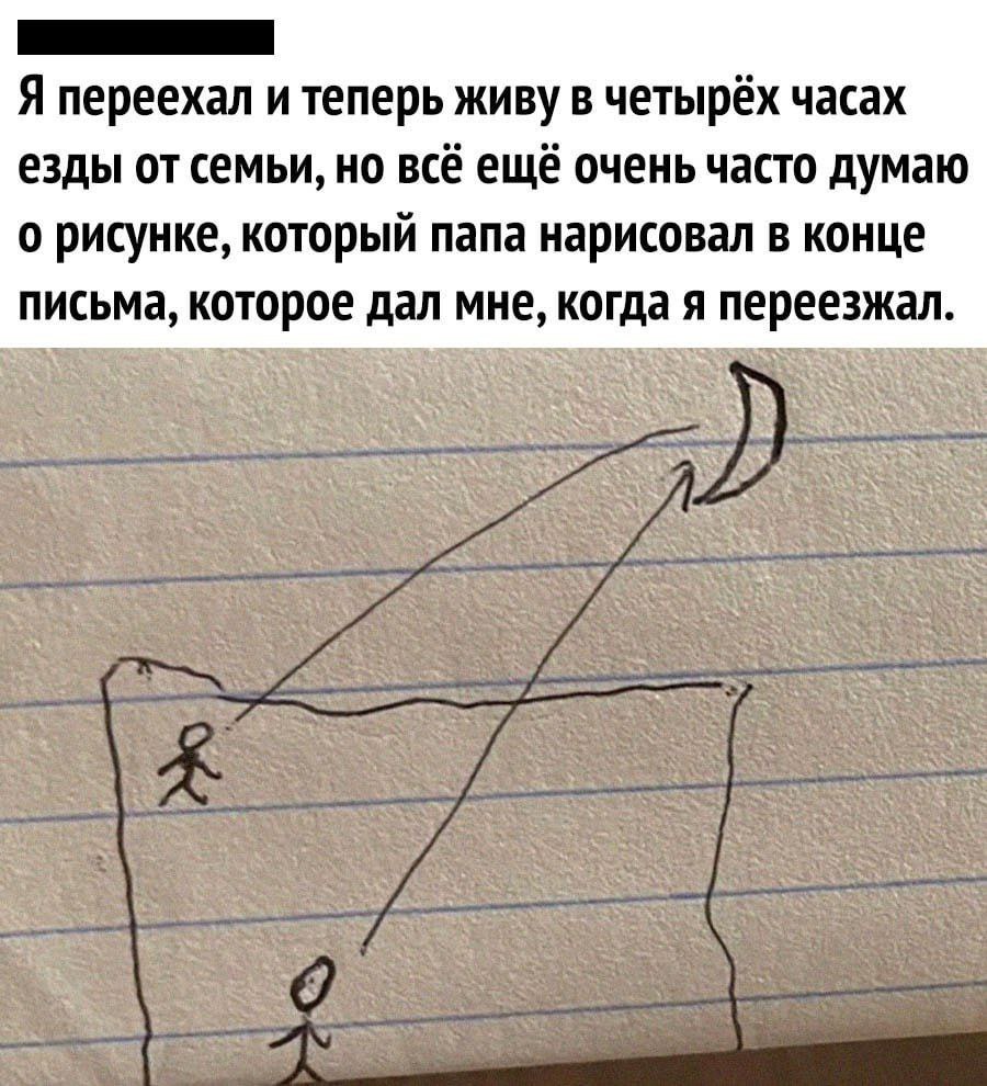 Я переехал и теперь живу в четырёх часах езды от семьи, но всё ещё очень часто думаю о рисунке, который папа нарисовал в конце письма, которое дал мне, когда я переезжал.