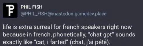 PHIL FISH life is extra surreal for french speakers right now because in french, phonetically, “chat gpt” sounds exactly like “cat, farted” (chat, pete).