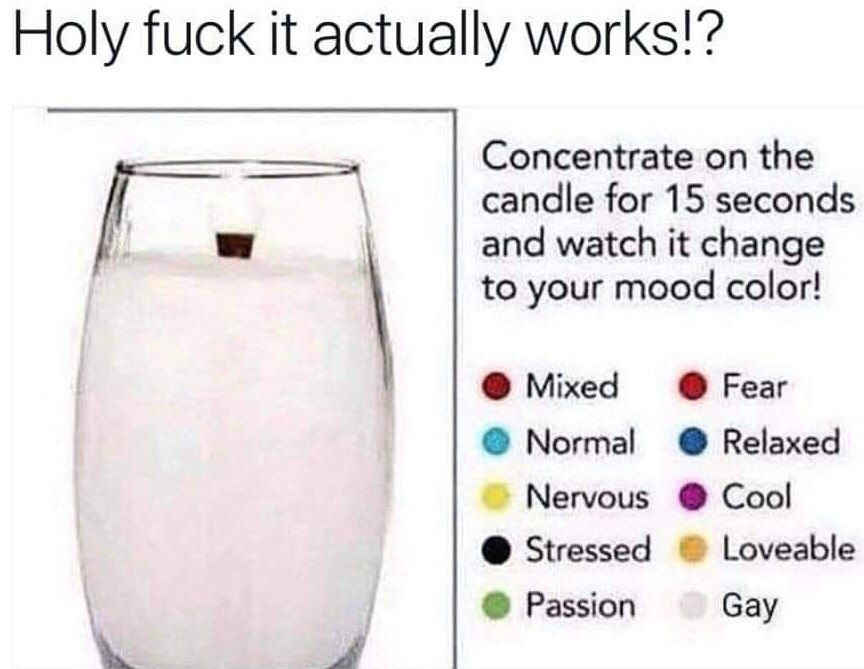 Holy fuck it actually works!’ Concentrate on the candle for 15 seconds and watch it change to your mood color! Mixed Fear Normal Relaxed Nervous Cool Stressed Loveable Passion Gay