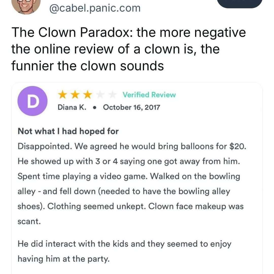 @cabel.panic.com The Clown Paradox: the more negative the online review of a clown is, the funnier the clown sounds К К Verified Review Diana October 16, 2017 о Not what had hoped for Disappointed. We