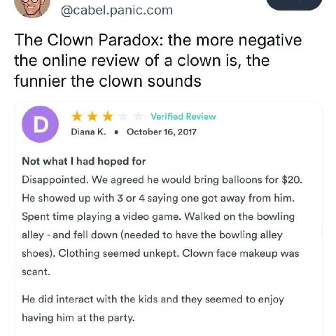 @cabel.panic.com The Clown Paradox: the more negative the online review of a clown is, the funnier the clown sounds К К Verified Review Diana October 16, 2017 о Not what had hoped for Disappointed. We