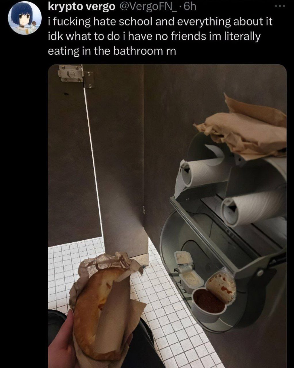 krypto vergo i fucking hate school and everything about it idk what to i have no friends literally eating in the bathroom