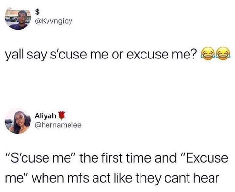 @Kvvngicy yall say s'cuse me or excuse me? Aliyah @hernamelee the first time and “Excuse when mfs act like they cant hear