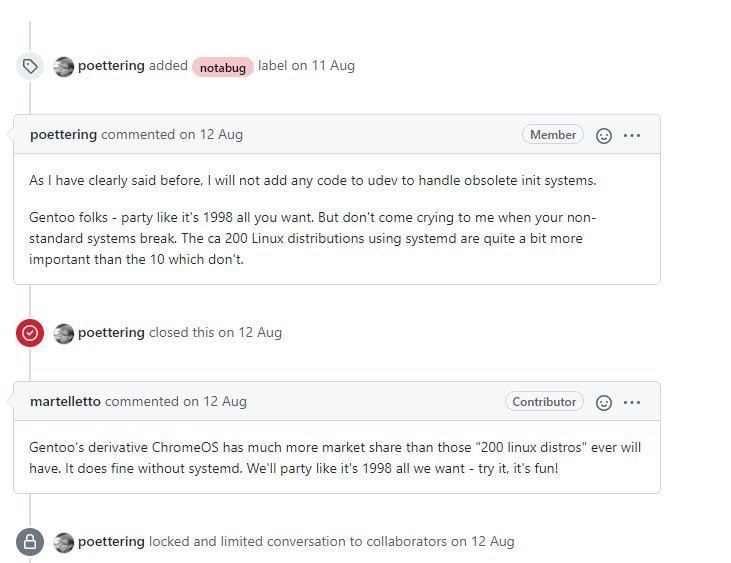 poettering added !abel 11 Aug poettering commented on 12 Aug Member As have clearly said before, will not add any code to udev to handle obsolete init systems. Gentoo folks party like it's 1998 all yo