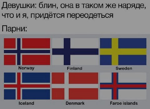 Девушки: блин, она в таком же наряде, что и я, придётся переодеться Парни: Norway Finland Sweden Iceland Denmark Faroe islands