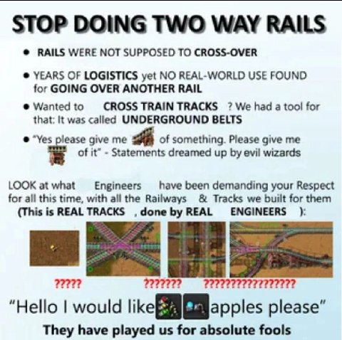 RAILS WERE МОТ SUPPOSED ТО CROSS-OVER YEARS OF LOGISTICS yet NO REAL-WORLD USE FOUND for GOING OVER ANOTHER RAIL @Wantedto CROSS TRAIN TRACKS We had a tool for that: It was called UNDERGROUND BELTS “Y