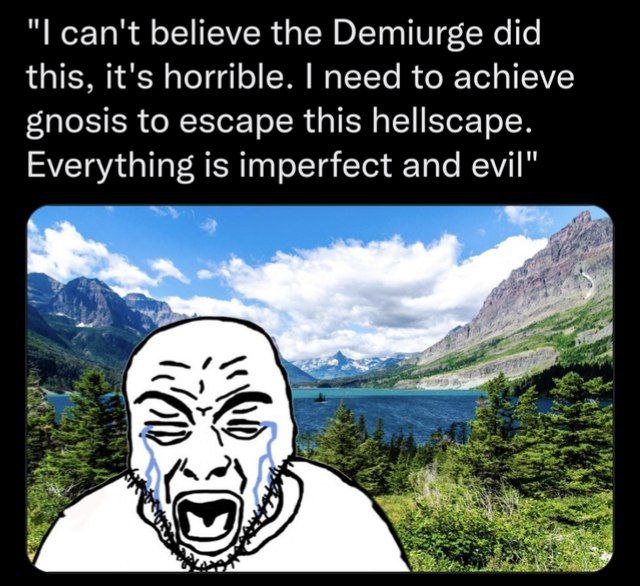 can't believe the Demiurge did this, it's horrible. need to achieve gnosis to escape this hellscape. Everything is imperfect and evil"