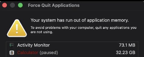 Force Quit Applications Your system has run out of application memory. To avoid problems with your computer, quit any applications you are not using. Activity Monitor 73.1 (paused) 32.23