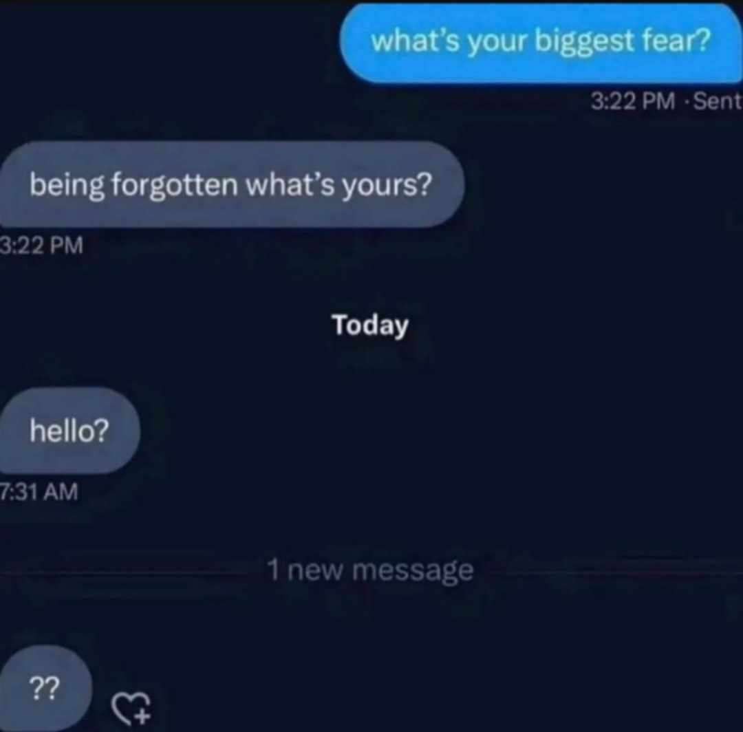what’s your biggest fear? being forgotten what’s yours? Today hello? 2?