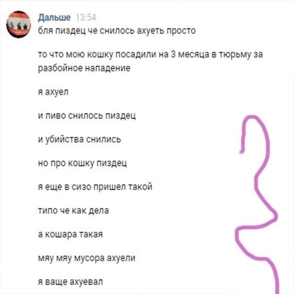 Дальше с бля пиздец че снилось ахуеть просто то что мою кошку посадили на 3 месяца в тюрьму за разбойное нападение я ахуел и пиво снилось пиздец и убийства снились но про кошку пиздец яеще в сизо приш